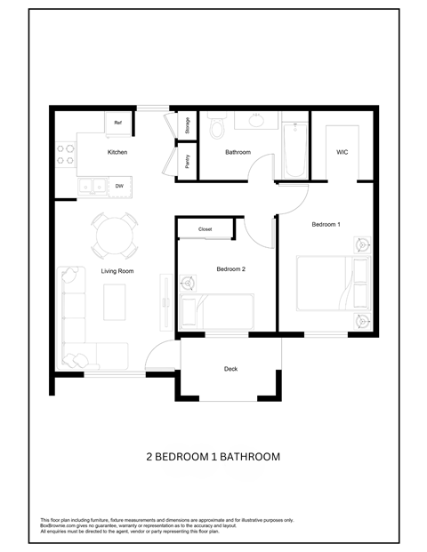 Floor plan for 2 beds, 1 bath, 873 sqft
